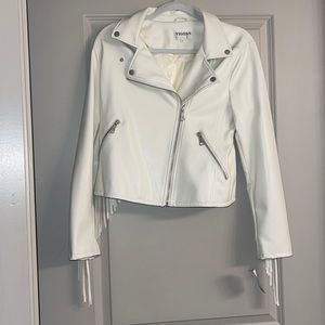 Cream synthetic leather jacket with fringe